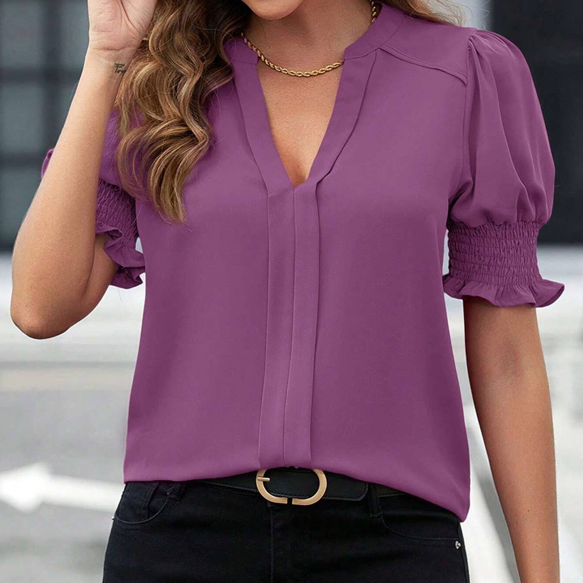 V-neck temperament puffy sleeve loose shirt
