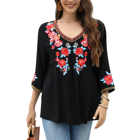 Embroidered seven-quarter sleeve shirt for women