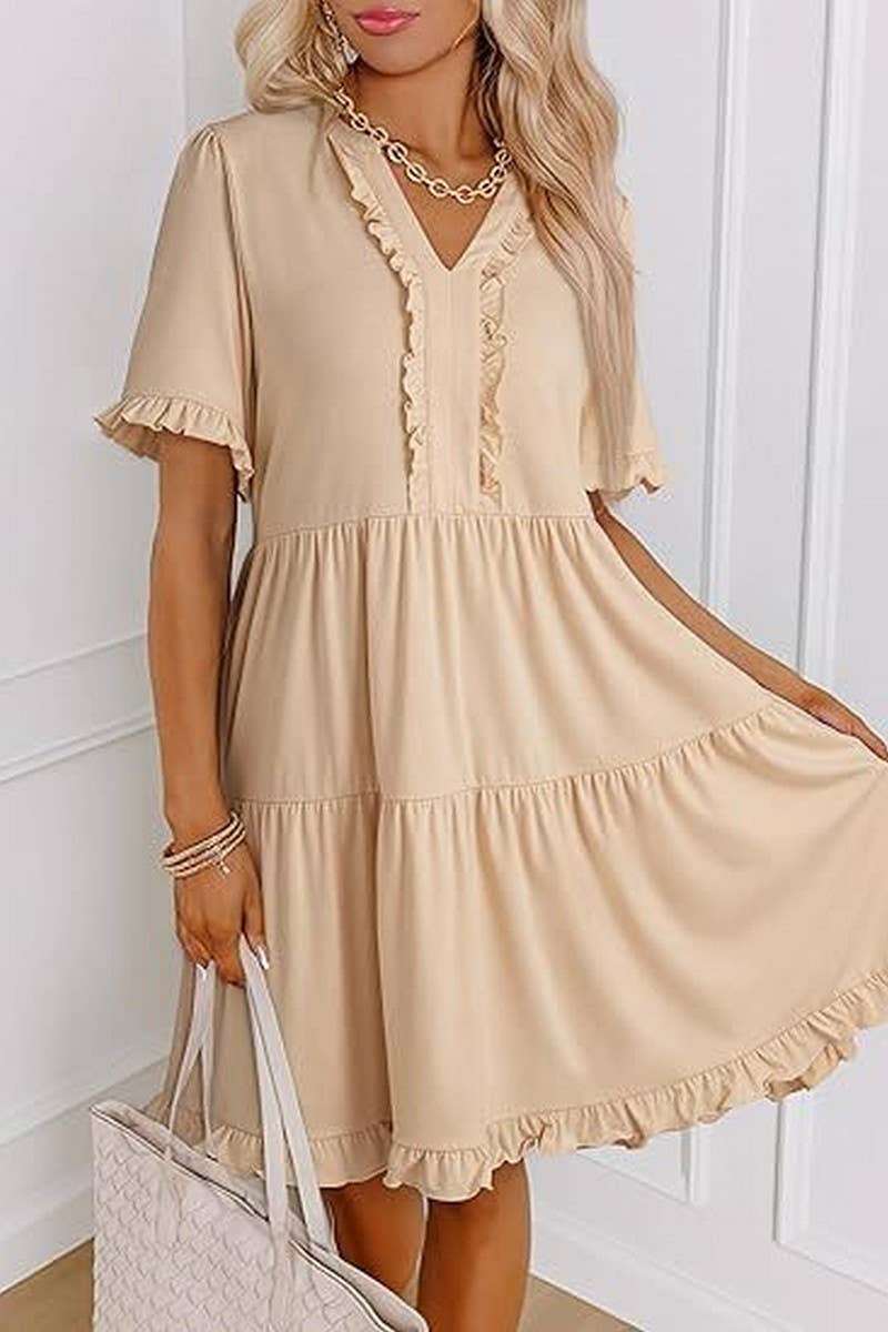 CWDSD8780_V-NECK SHORT-SLEEVED CASUAL A-LINE RUFFLED MINI DR