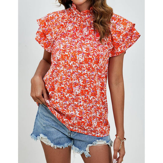 Semi-turtleneck loose printed short sleeve top