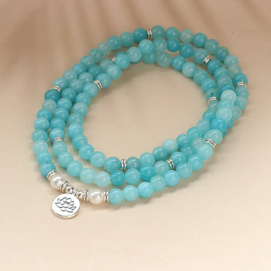 108 LOTUS PENDANT LIGHT BLUE BEADED BRACELET_CWAJE3946