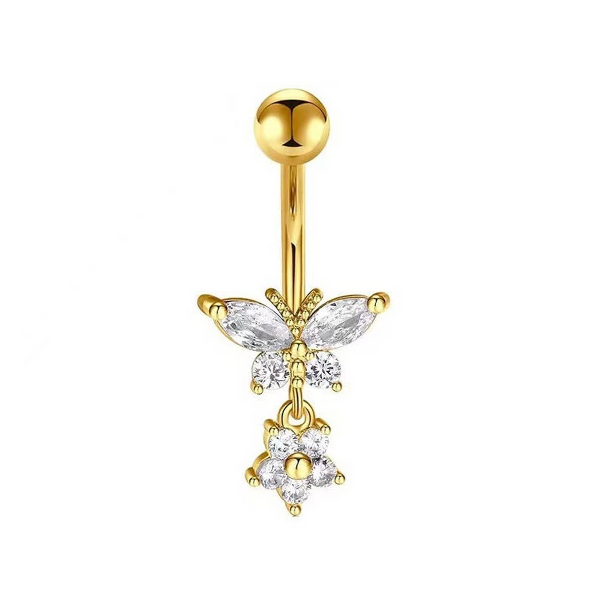 Zircon Butterfly Flower Belly Button Ring_CWMM9461