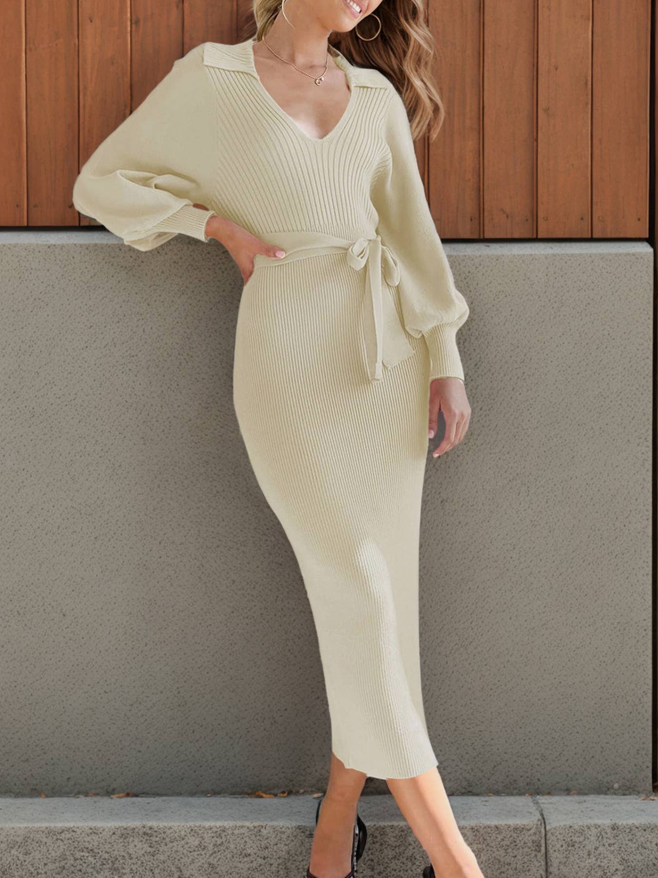 V-neck tie solid color elegant knitted dress