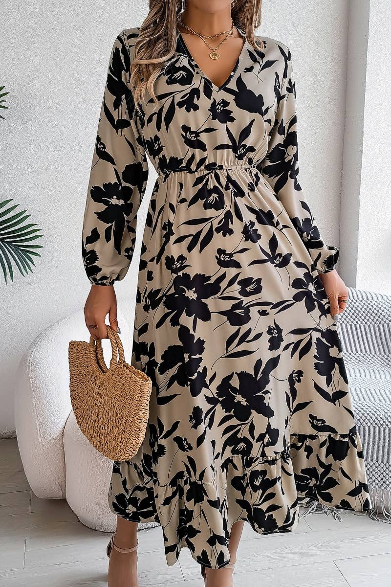 CWDMD3446_V-NECK PRINT LONG-SLEEVED DRESS WITH WAIST TUCKED