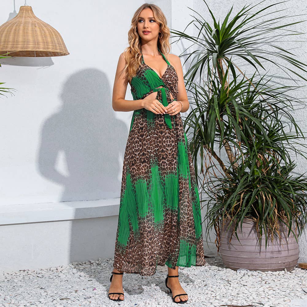 Leopard print backless chiffon boho dress