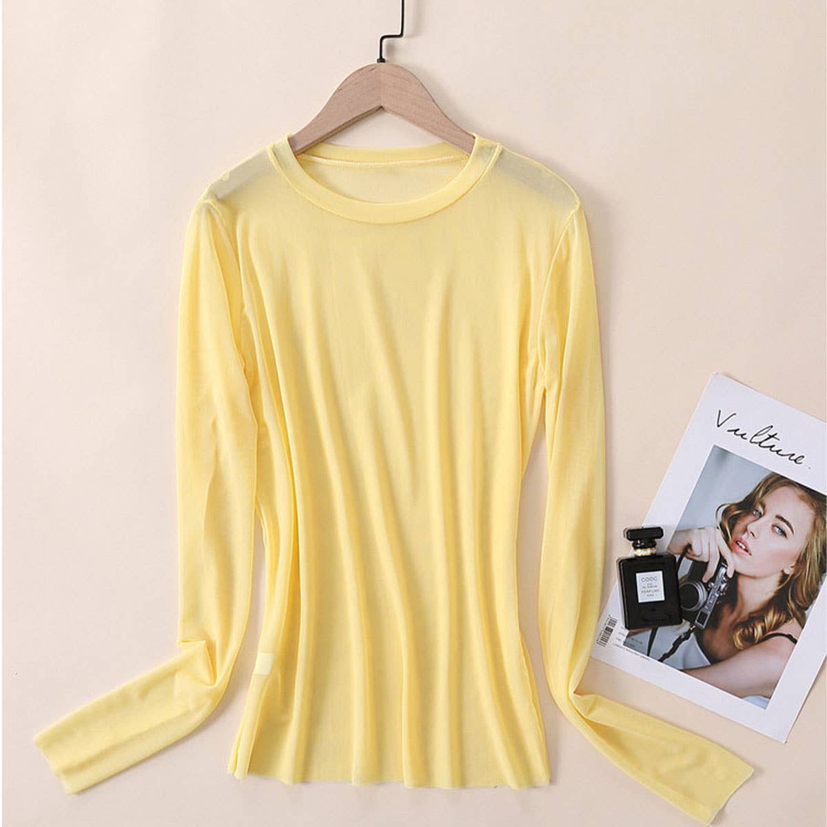 Candy Color Blouse - Long Sleeve Mesh Top_CWTBLL3620