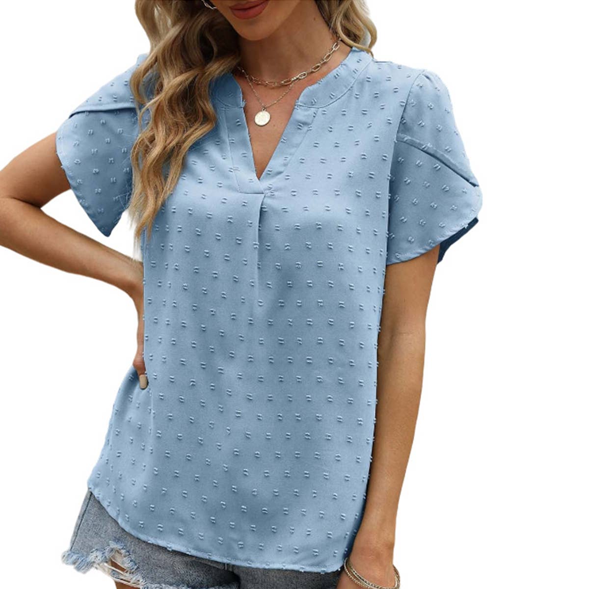 V-NECK JACQUARD SHORT SLEEVE SHIRT BLOUSE