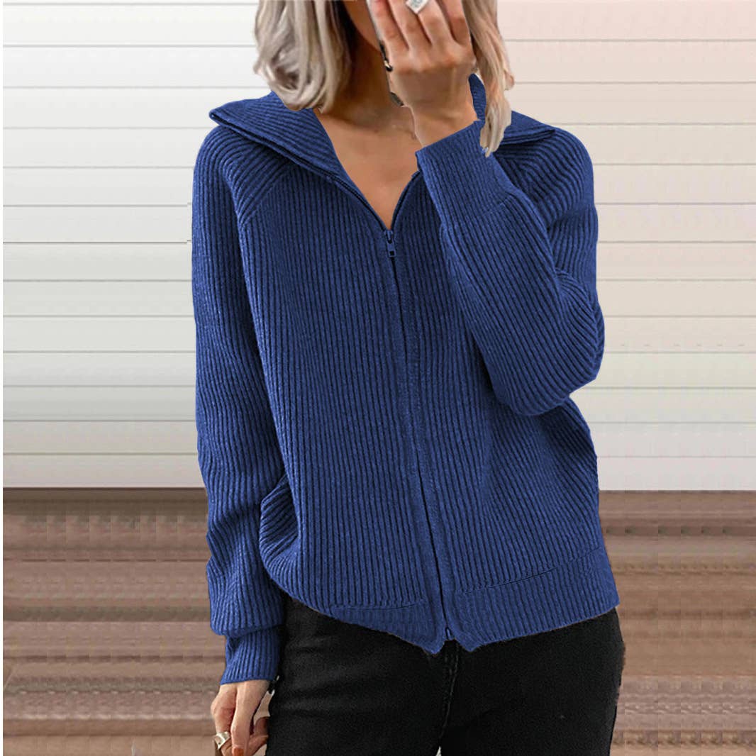 STRIPED LAPEL SOLID COLOR KNIT ZIPPER CARDIGAN