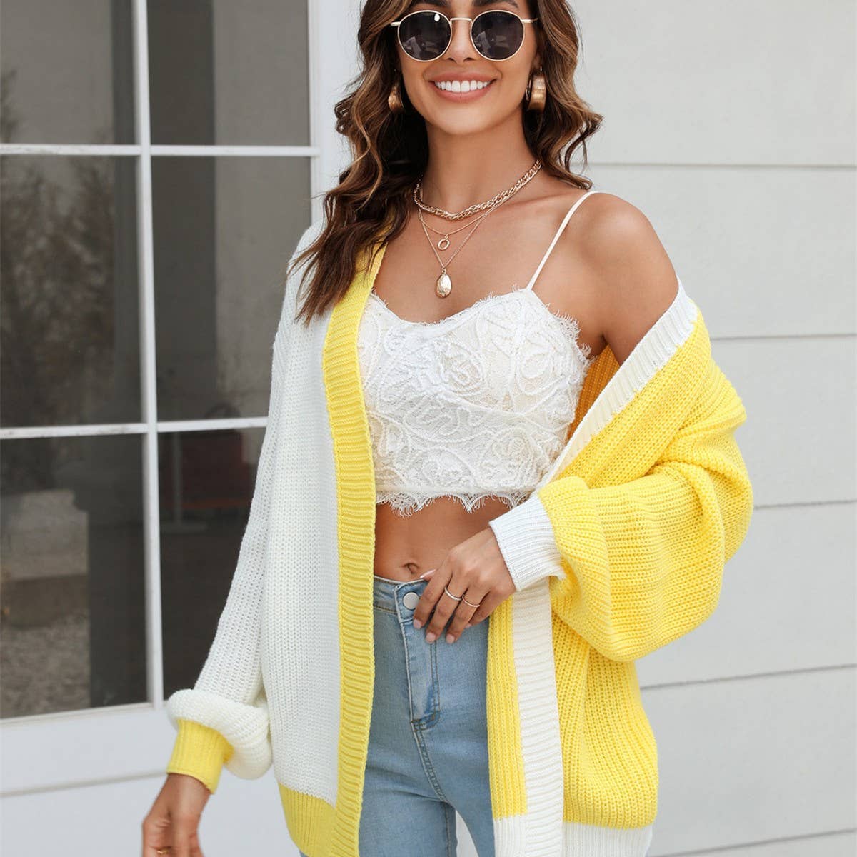 Patchwork Color Combination Fashion Knit Cardigan