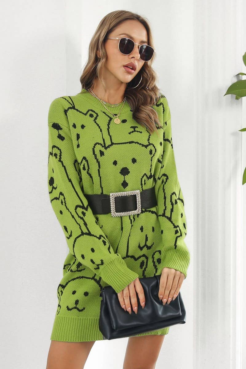 CWDSD7336_SWEET LOOSE BEAR JACQUARD KNITTED DRESS