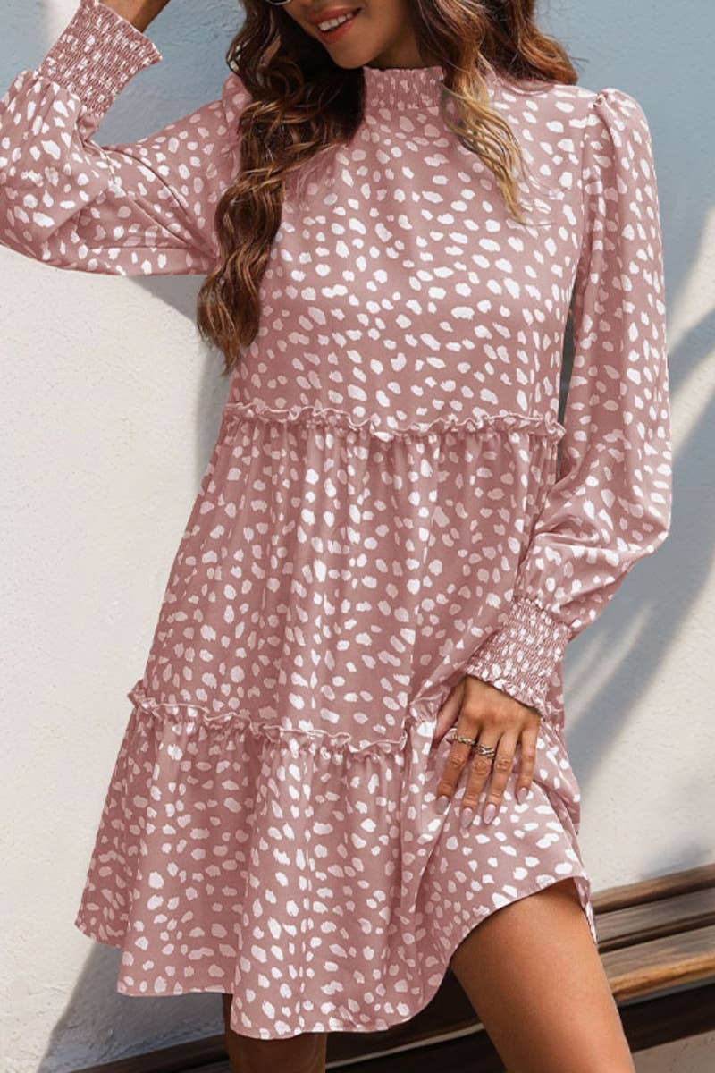 CWDSD6519_CHOKER LONG SLEEVE LEOPARD PRINT WAIST DRESS