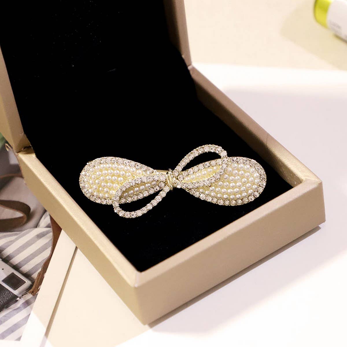 RHINESTONE BOW PEARL DOUBLE LAYER HAIR CLIP