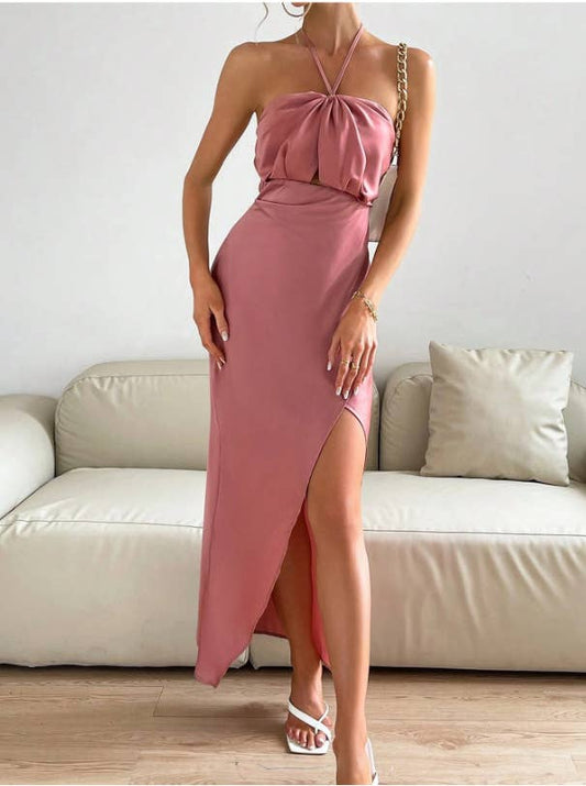 Solid color split neck halter halter dress