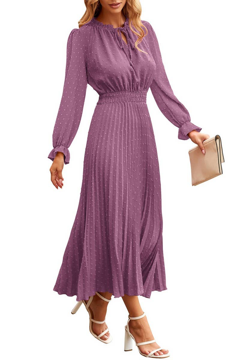 CWDMD4715_V-NECK POLKA DOT PLEATED FLOWY MAXI DRESS