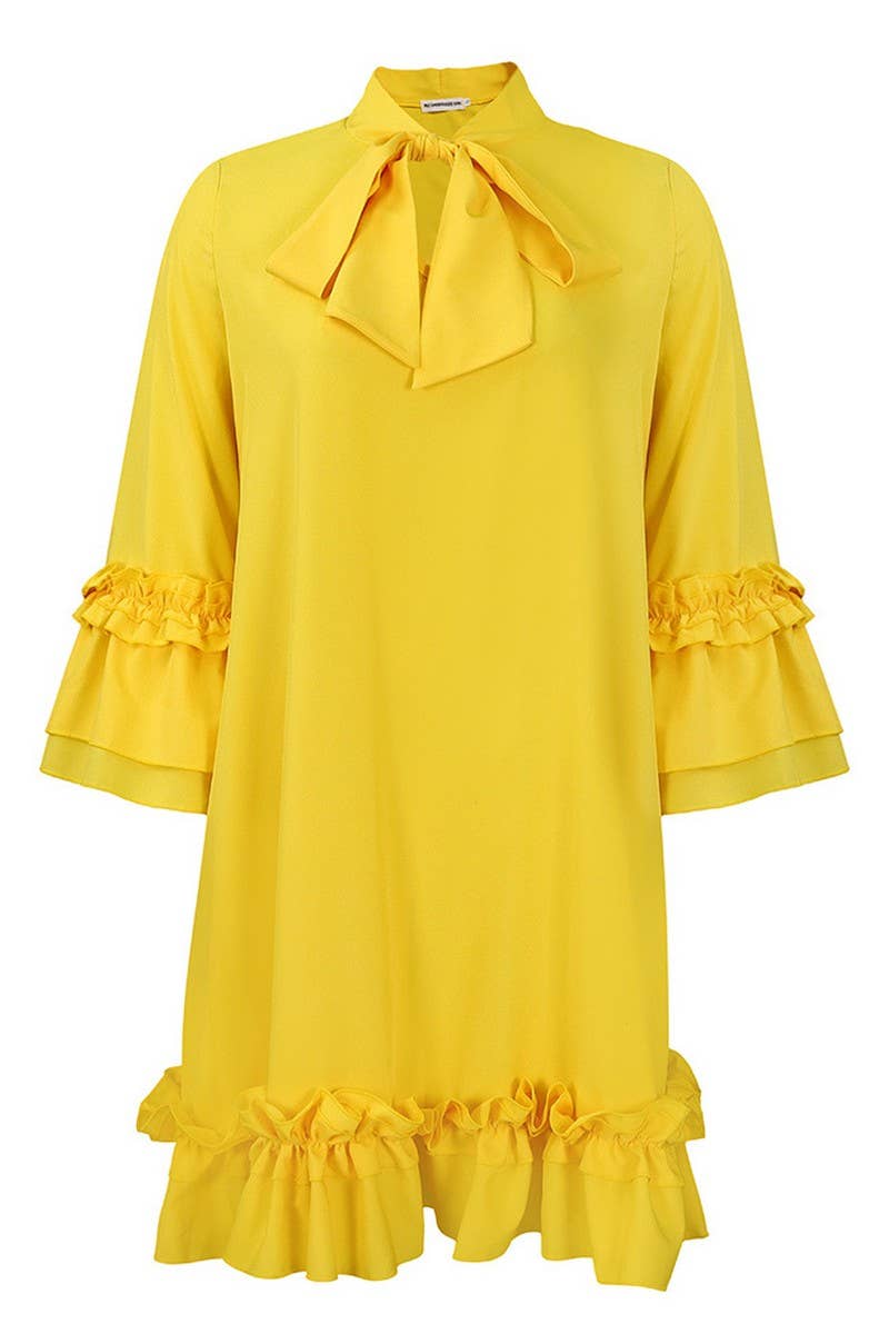 CWDSD10890_2025 PLUS SIZE WOMEN RUFFLE SLEEVE TIE WAIST DRES