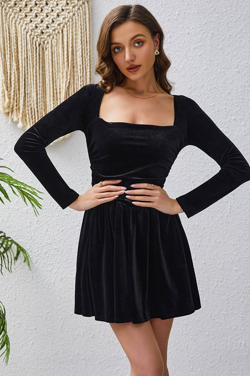 CWDSD10679_BLACK SQUARE NECK LONG SLEEVE A LINE DRESS