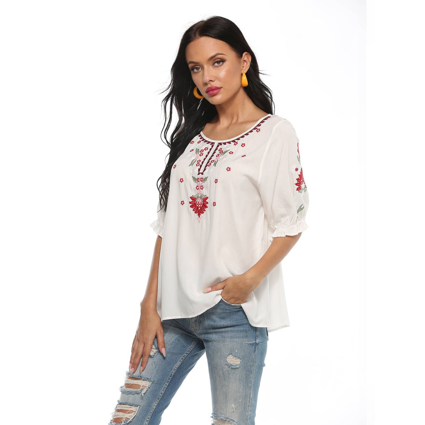 EMBROIDERED LOOSE CREW NECK PULLOVER TOP