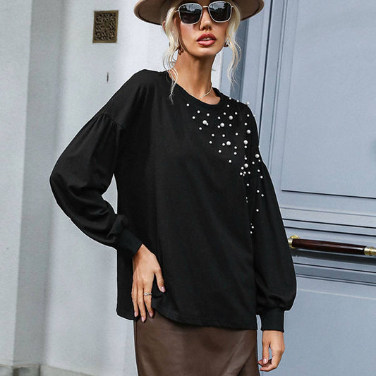 SOLID COLOR LOOSE BEADED CREW-NECK KNIT T-SHIRT