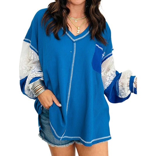 WOMEN'S LOOSE CASUAL PATCHWORK V-NECK SWEATER
