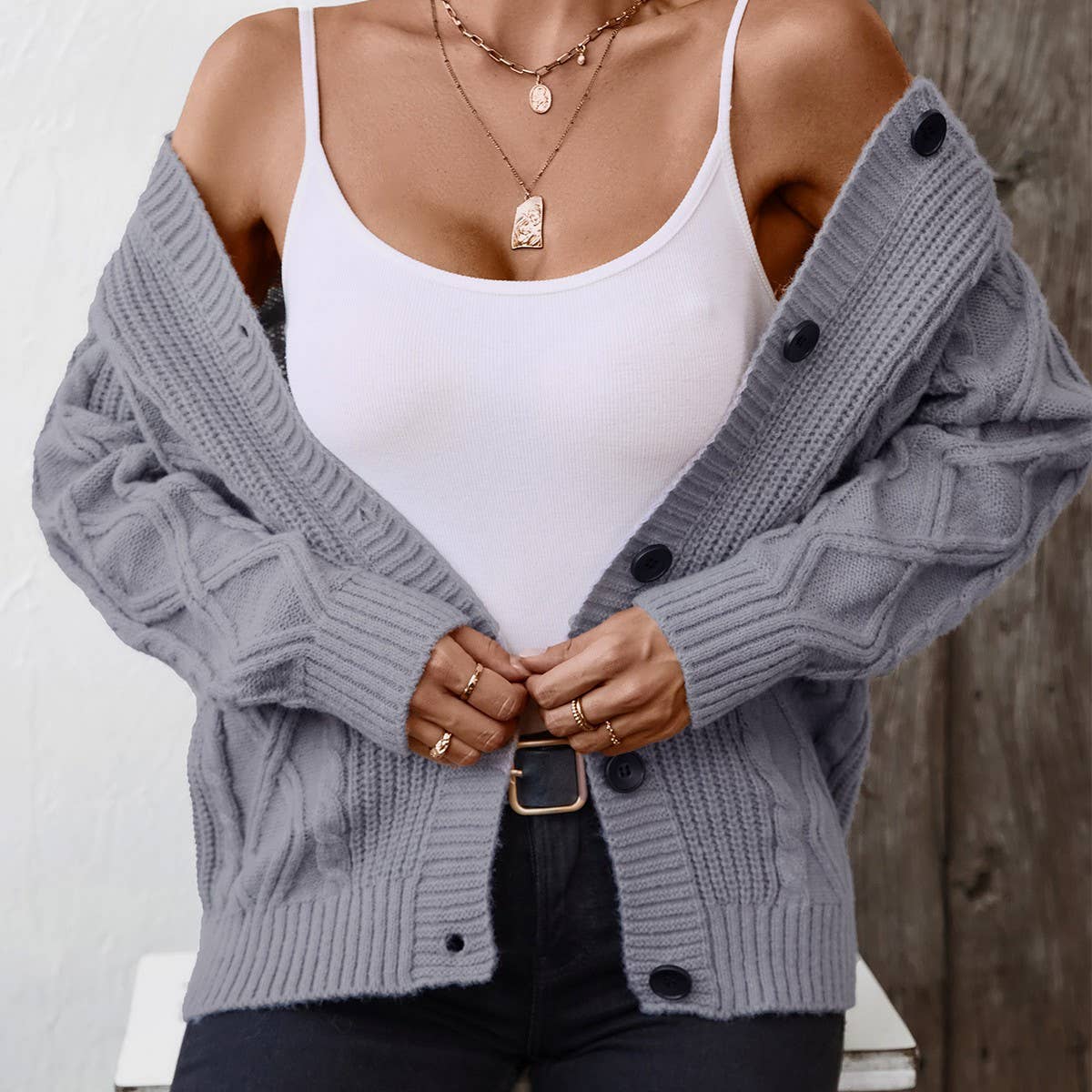 Solid color hooded drawstring single-breasted cardigan