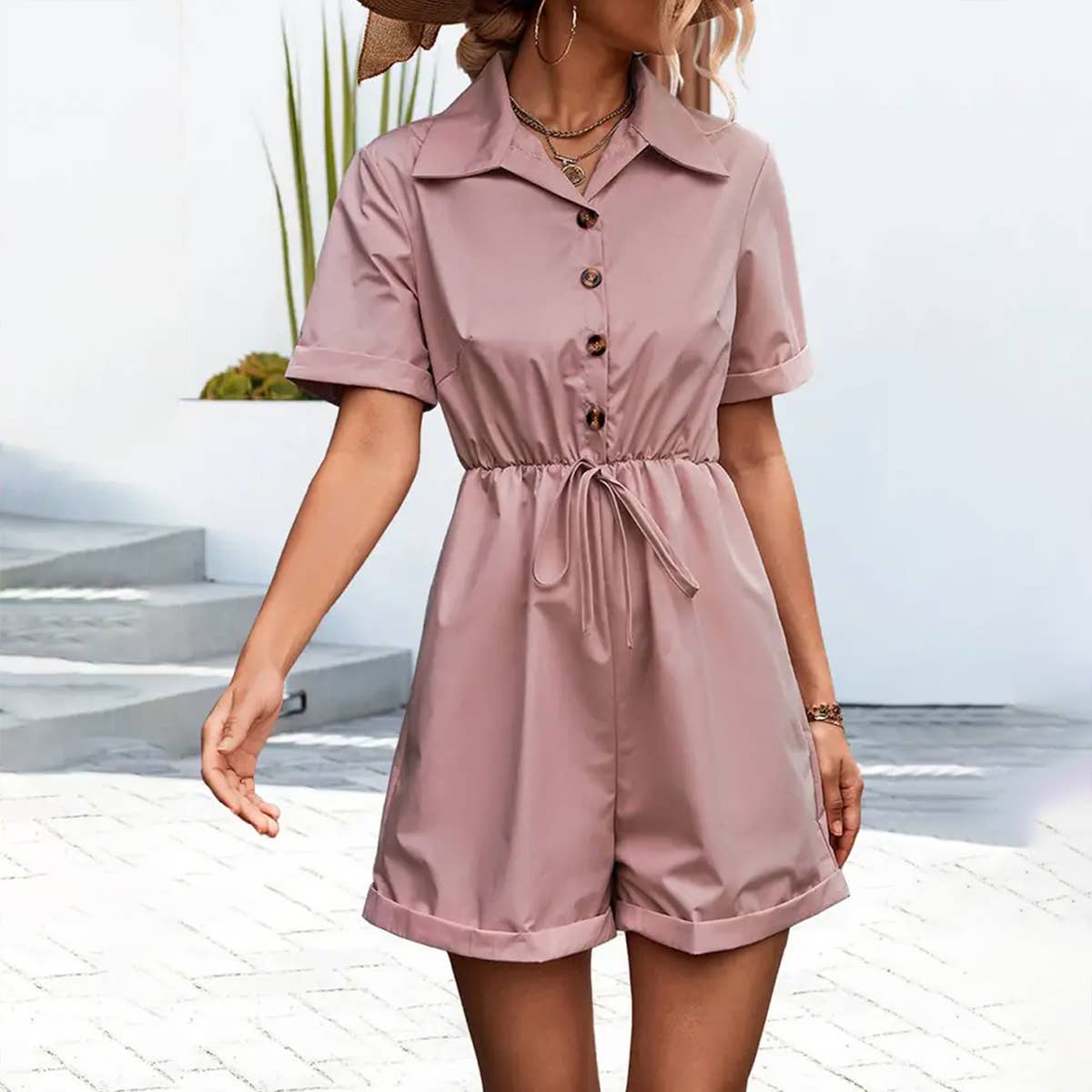 SHIRT COLLAR SHORT SLEEVE LACE UP SHORT JUMPSUIT_CWSJS0417