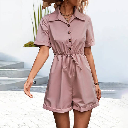 SHIRT COLLAR SHORT SLEEVE LACE UP SHORT JUMPSUIT_CWSJS0417