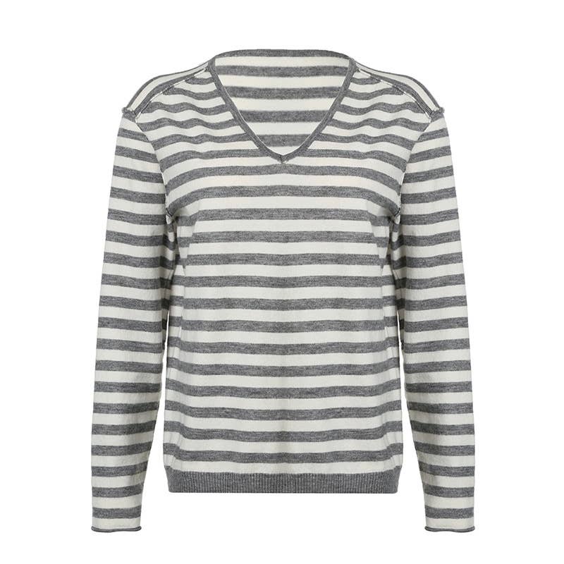 SIMPLE SLOUCHY STRIPED V-NECK SWEATER FOR GIRLS