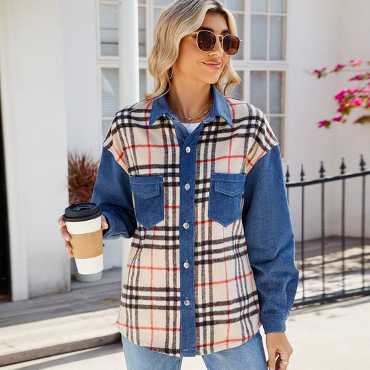 WASHED PLAID CASUAL DENIM LONG-SLEEVED JACKET