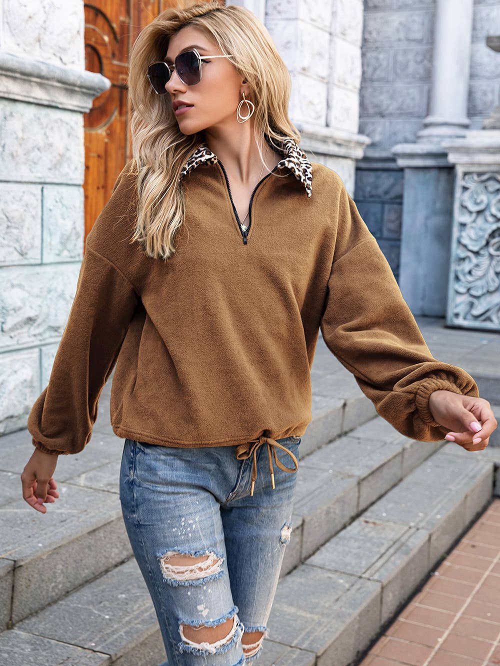 ZIPPER FLEECE JACKET FLEECE PULLOVER HOODIE TOP