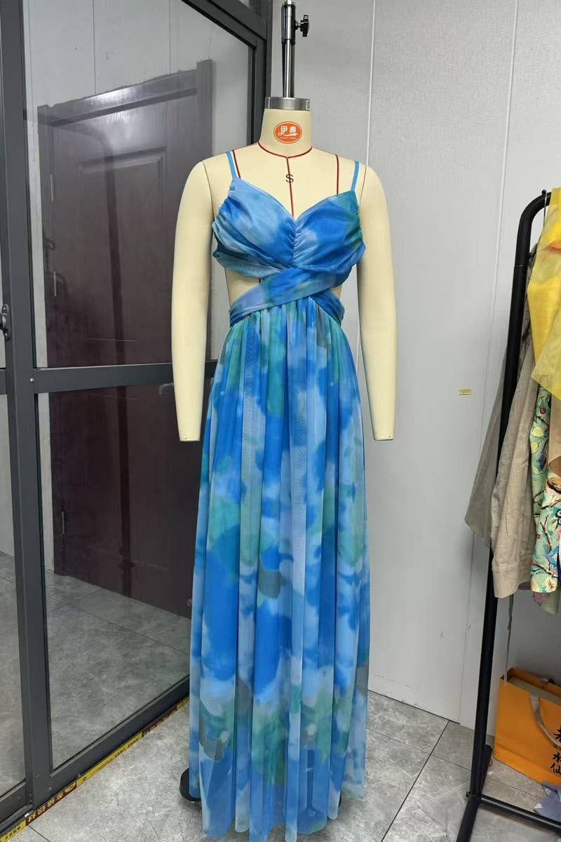 CWDMD01003_MESH PRINTED SUSPENDER CASUAL PARTY DRESS