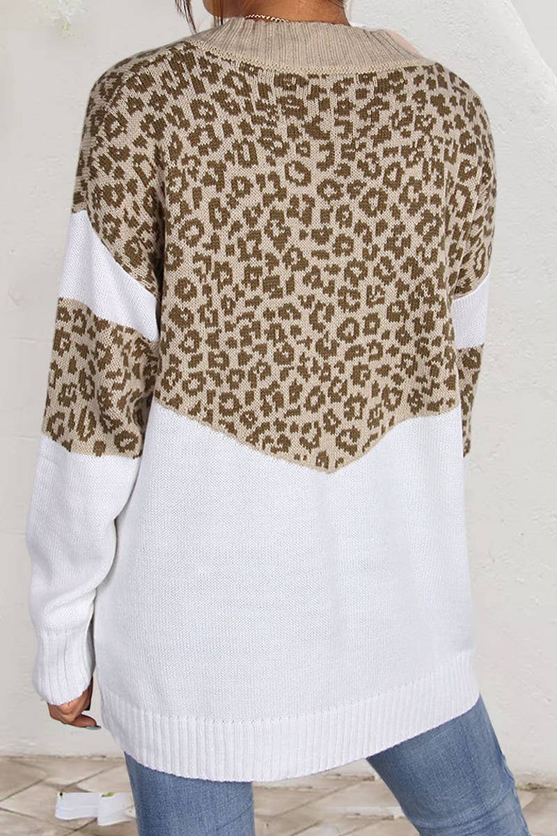 Leopard print spliced V-neck pullover