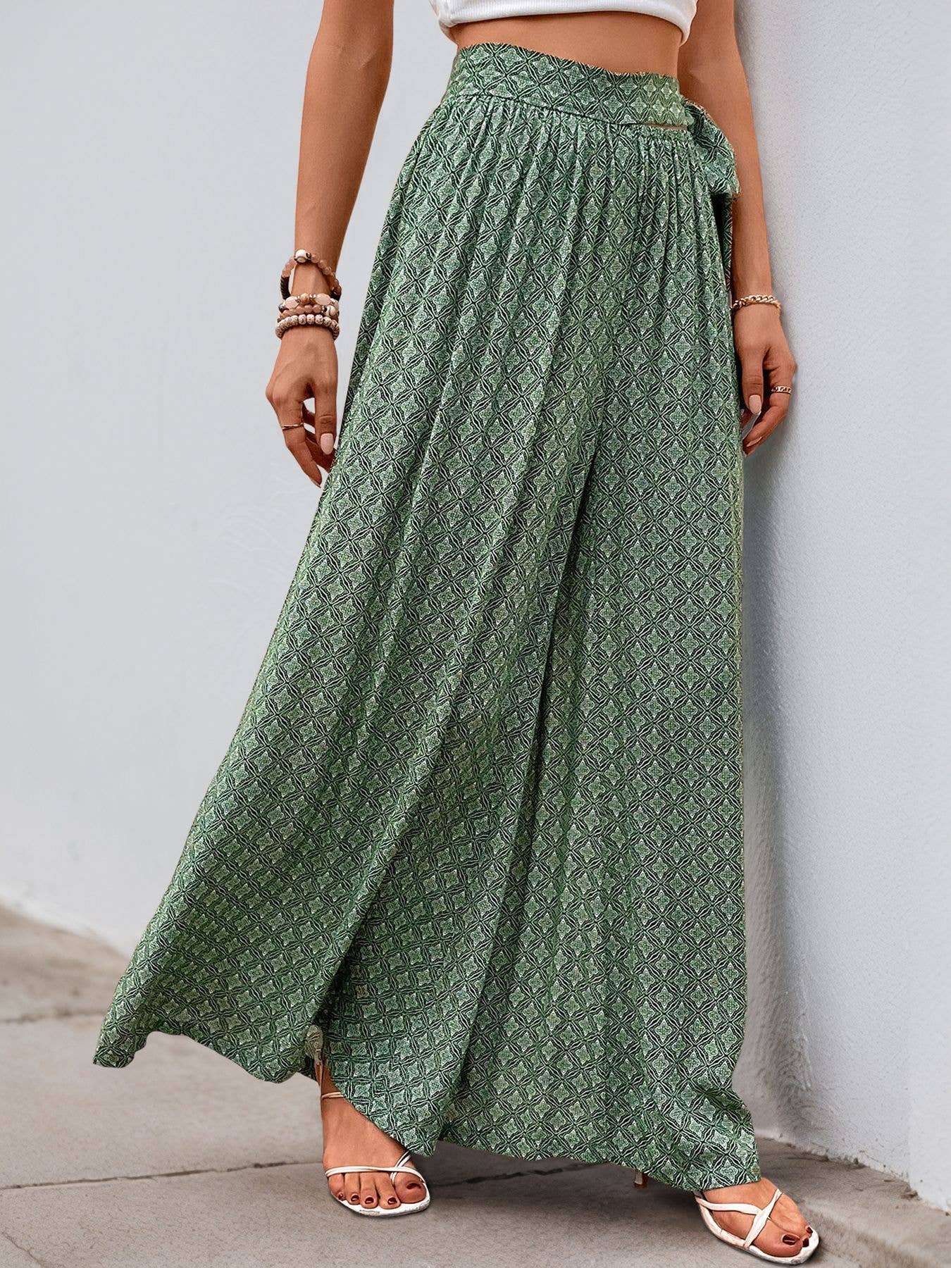 Lace-up high-waisted casual wide-leg trousers