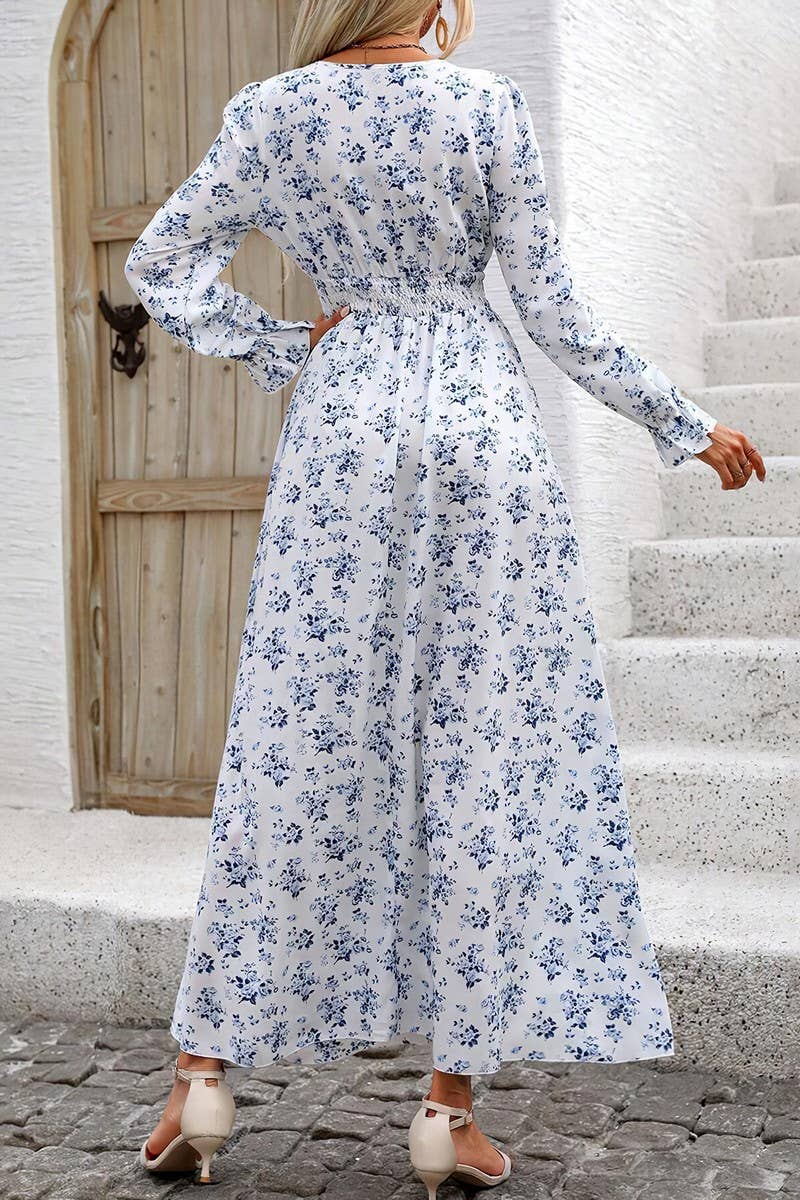 CWDMD4100_PRINTED V-NECK LONG-SLEEVED SWING DRESS