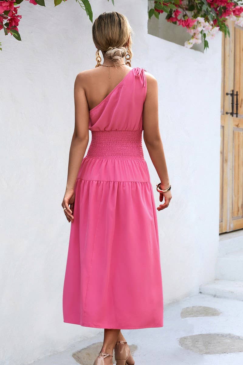 CWDMD2774_SOLID ONE SHOULDER PLEATED MIDI DRESS