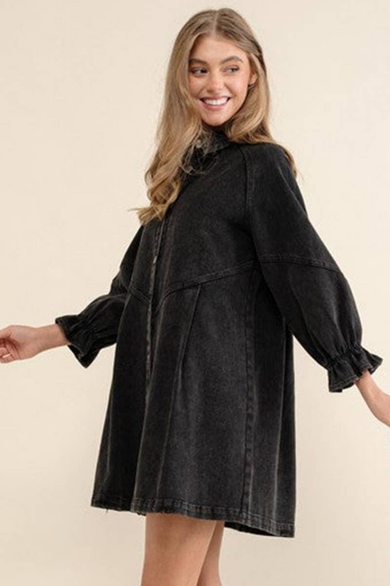 CWJT0026_CASUAL 3/4 SLEEVE BUTTON DOWN DENIM T-SHIRT DRESS