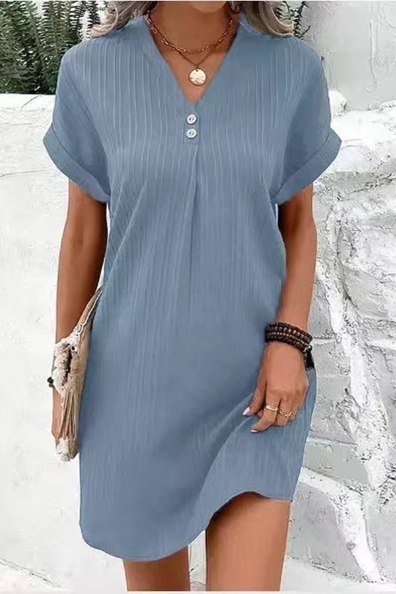 CWDSD6539_V-NECK SOLID COLOR PULLOVER CASUAL BUTTON DRESS