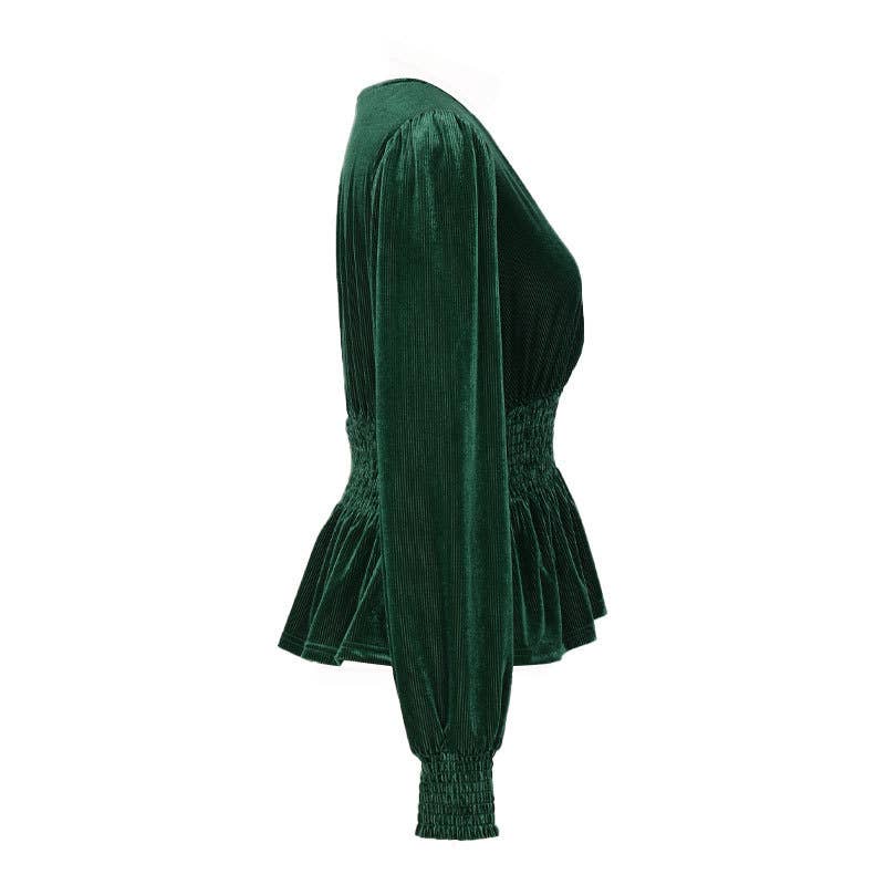 ELEGANT V-NECK LONG SLEEVE SOLID COLOR VELVET TOP