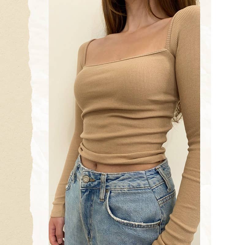 Simple slim vertical pattern knitted square collar top