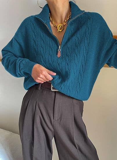 Semi-high neck zipper ribbed twist knit sweater