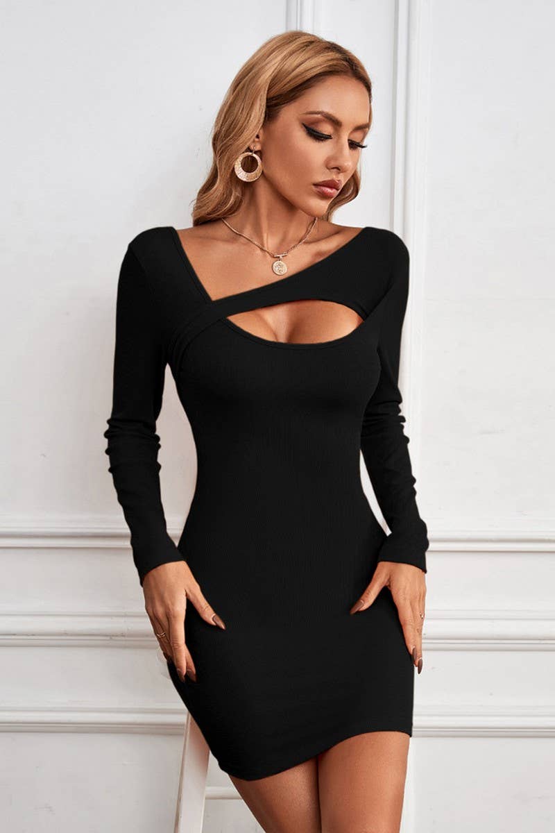 HOLLOW OUT IRREGULAR COLLAR WRAPPED HIP DRESS_CWDSD2730