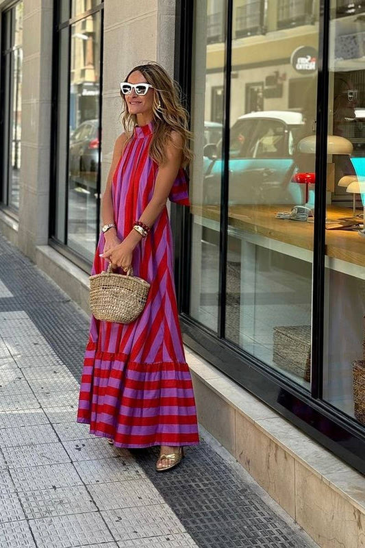 CWDHL0988_HALTER NECK OPEN BACK STRIPED PRINT MAXI DRESS