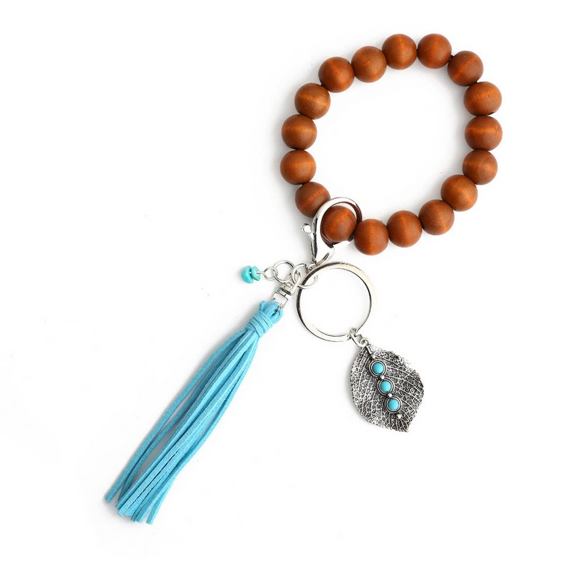 Boho Tassel Keychain with Leaf Charm and Wood Beads_CWAB5087