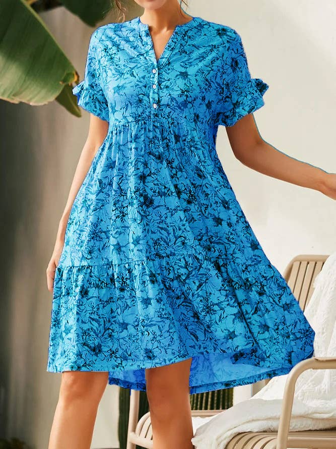 V-neck button-up print short-sleeved dress