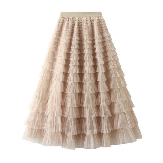 White Tulle Tiered Pleated A-Line Maxi Skirt