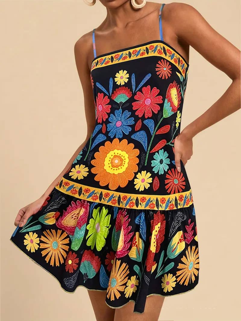 Fashion digital printed sunflower halter dress