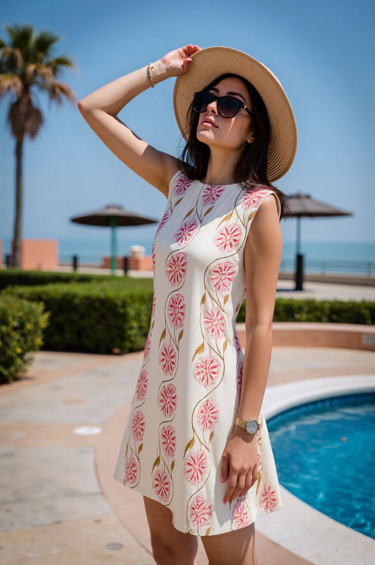 Straight, sleeveless, round-neck floral dress