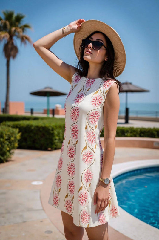 Straight, sleeveless, round-neck floral dress