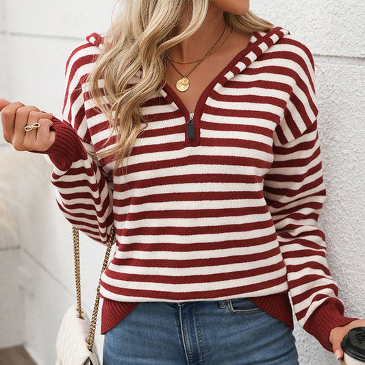 V-NECK STRIPED PULLOVER HALF-ZIP HOODED SWEATER