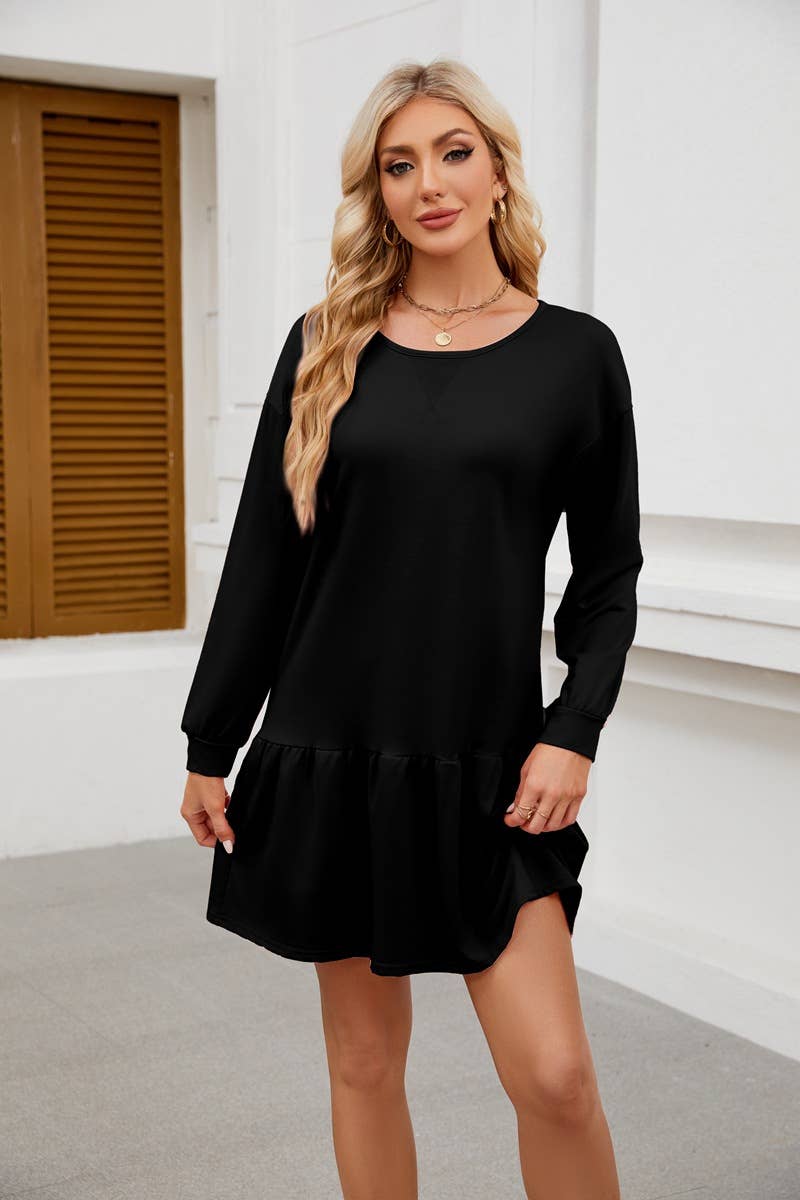 ROUND NECK LONG SLEEVE SOLID COLOR SHORT DRESS