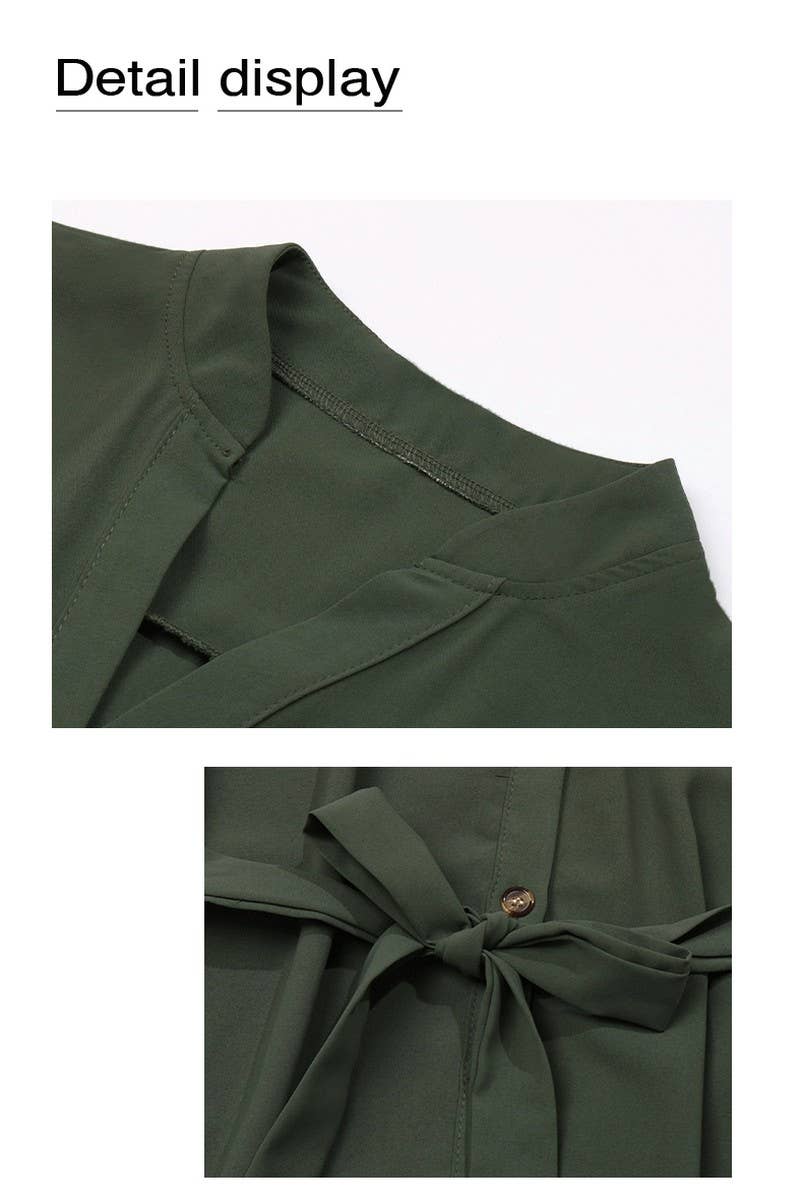 CWDSD5910_SOLID COLOR BUTTON TIE LONG SLEEVE DRESS